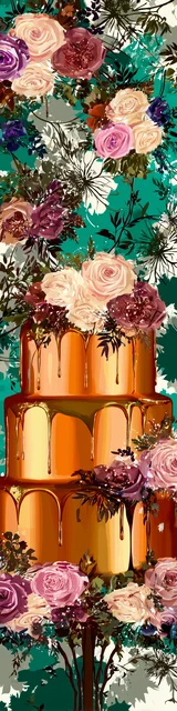 Free colorful bookmark featuring a gold-decorated cake design